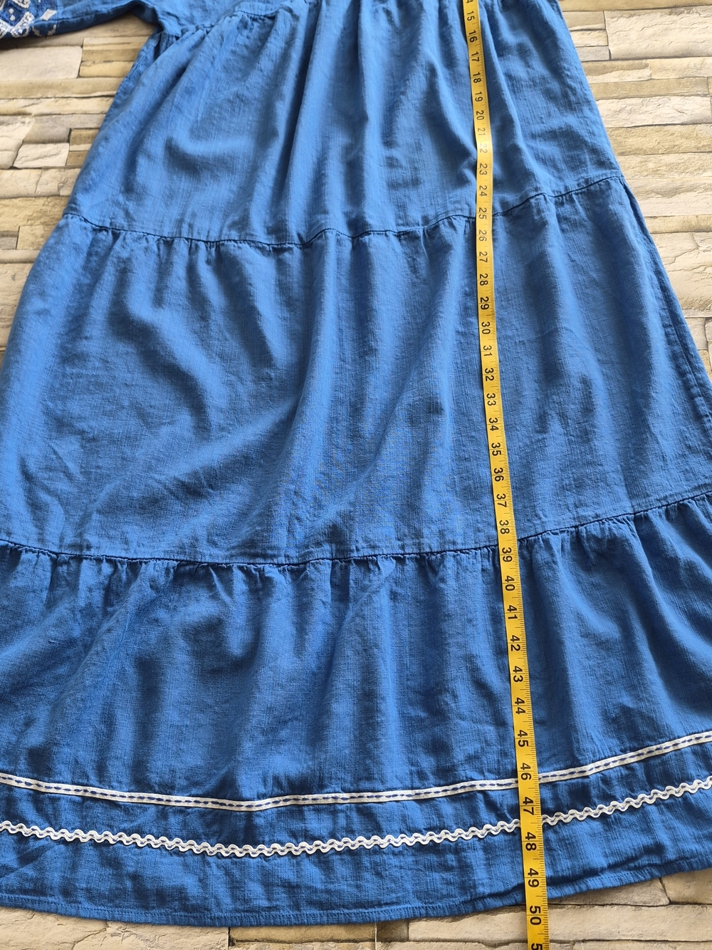 ​ZARA Maxi Dress Large Blue Embroidered Tiered Boho Peasant Festival Summer - Picture 5 of 9